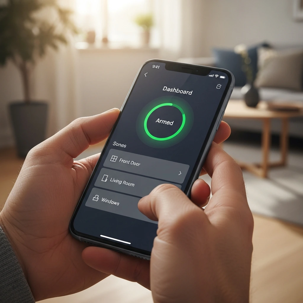 Bruger styrer alarmsystem via smartphone-app med fjernadgang