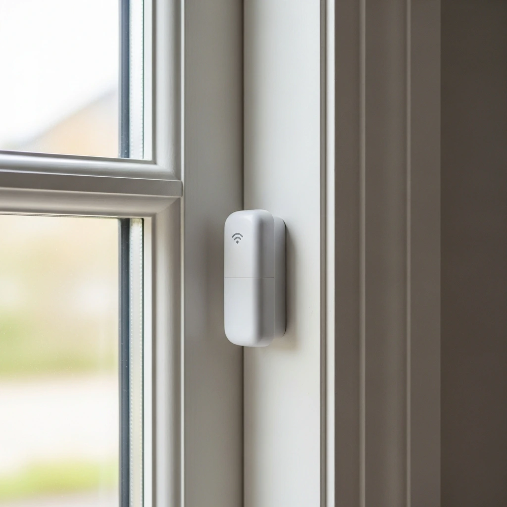 Trådløs sensor monteret på vinduesramme til indbrudssikring