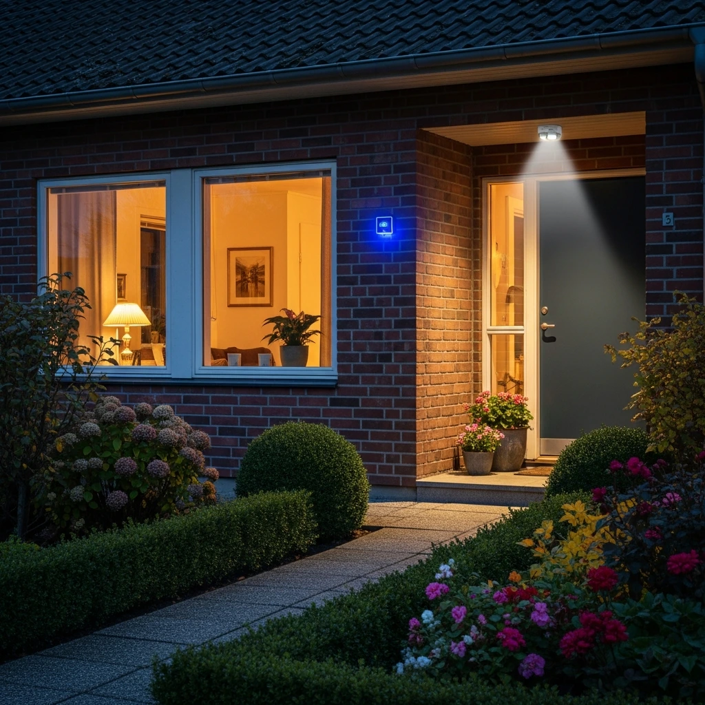 Villa med trådløst alarmsystem og aktiv sensor ved hoveddøren om aftenen
